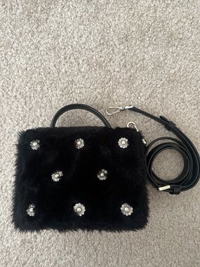 Kate Spade Black Faux Fur Jeweled Top-Handle Crossbody Bag
